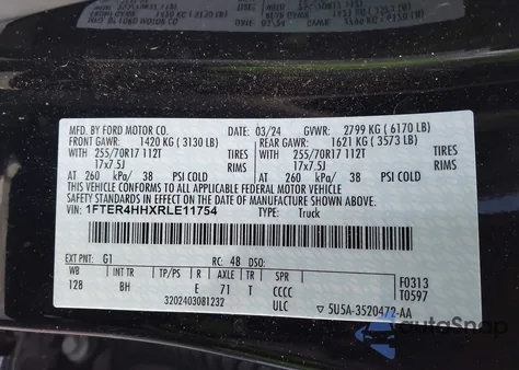 2024 Ford Ranger Xlt z USA, uszkodzony, nr VIN 1FTER4HHXRLE11754